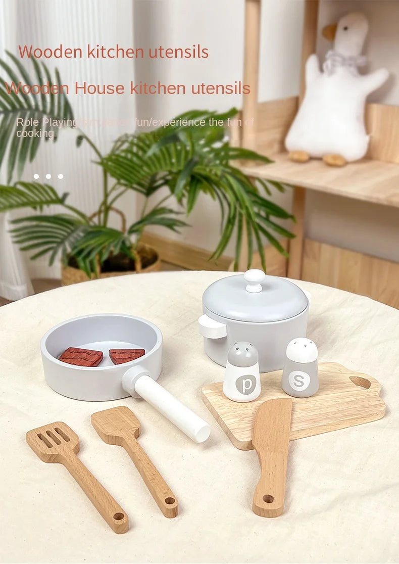 Children's simulation kitchen toys, early education educational toys, wooden simulation pots and pans, food, role-play chef
