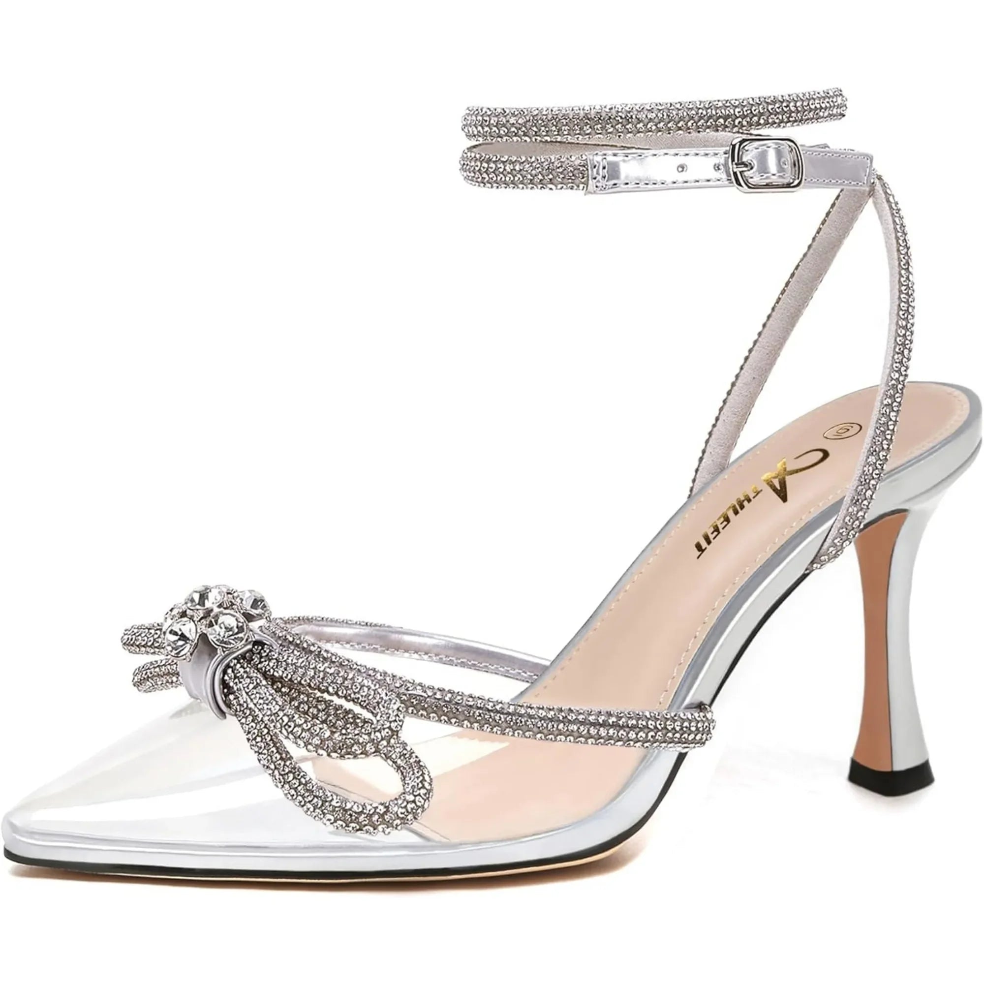 Women's Rhinestone Bow Heels Ankle Strap Pointed Toe Stiletto Heeled Sandals Wedding Bridal Dress Pumps Shoes - Evallys.com