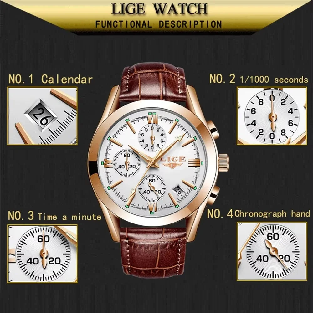 LIGE Men Watch Top Brand Luxury Waterproof Luminous Sport Wristwatch Quartz Military Genuine Leather Relogios Masculino+Box - Evallys.com