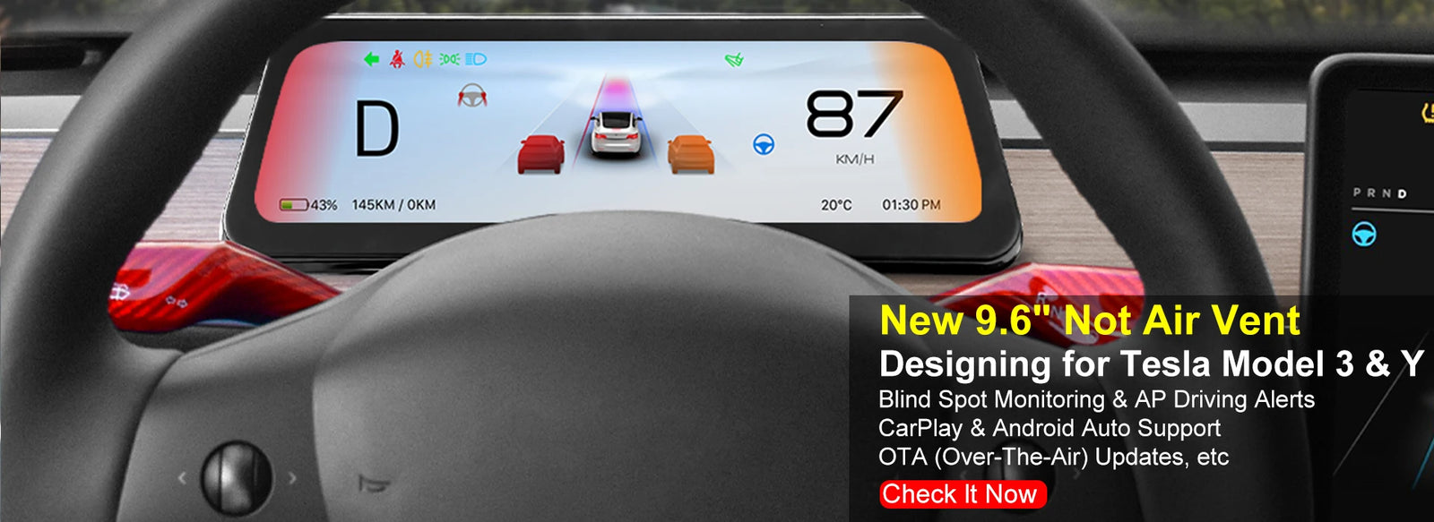 Onlysay Hud Head-Up Display Korean Support Wireless CarPlay OTA Update 9.6 Inch Instrument Display For Tesla Model 3 Y