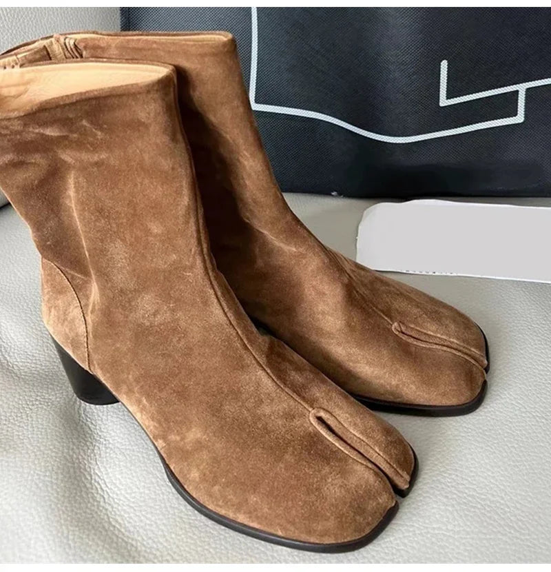 2024 Autumn Winter Soft Leather Split toe Tabi Women Ankle Boots Fashion Thick High heels Chunky Shoes Ins Style Short Booties - Evallys.com
