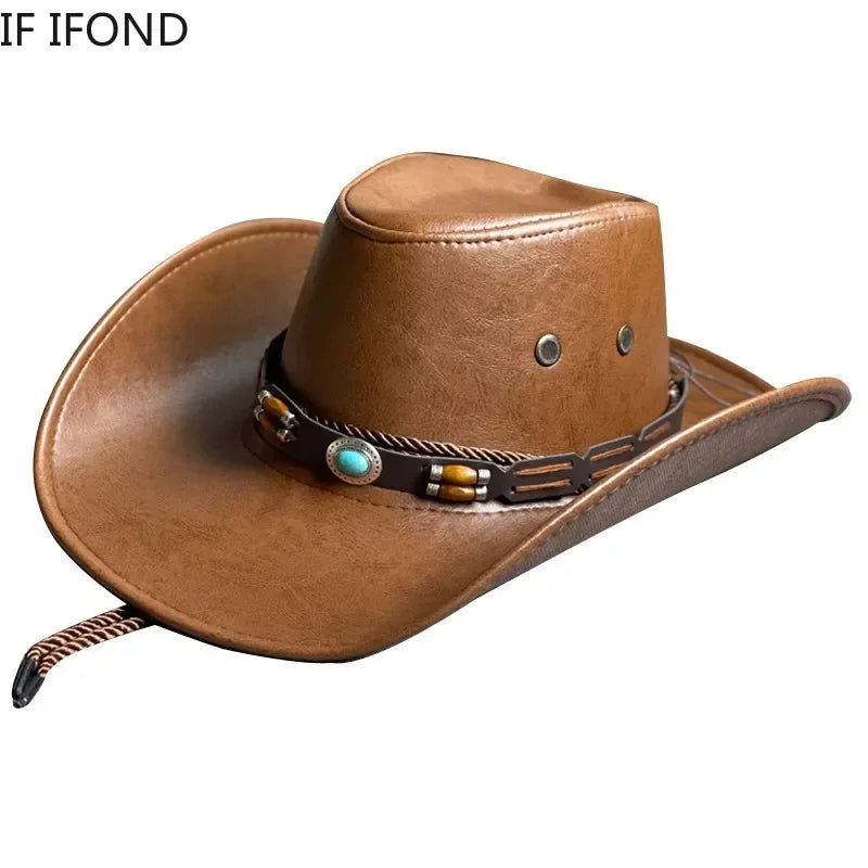 Faux Leather Cowboy Hat – Vintage Unisex Western Jazz Dress Cap - Evallys.com