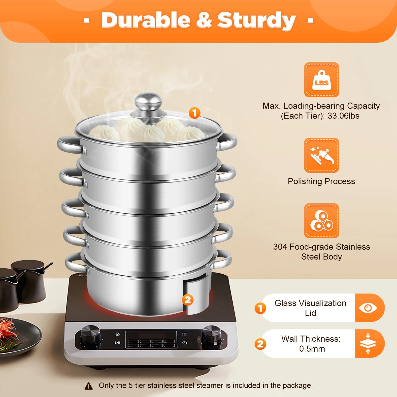 26CM 5 Tier Stainless Steel Steam Cooker Steamer Food Vegetable Pot Kitchen