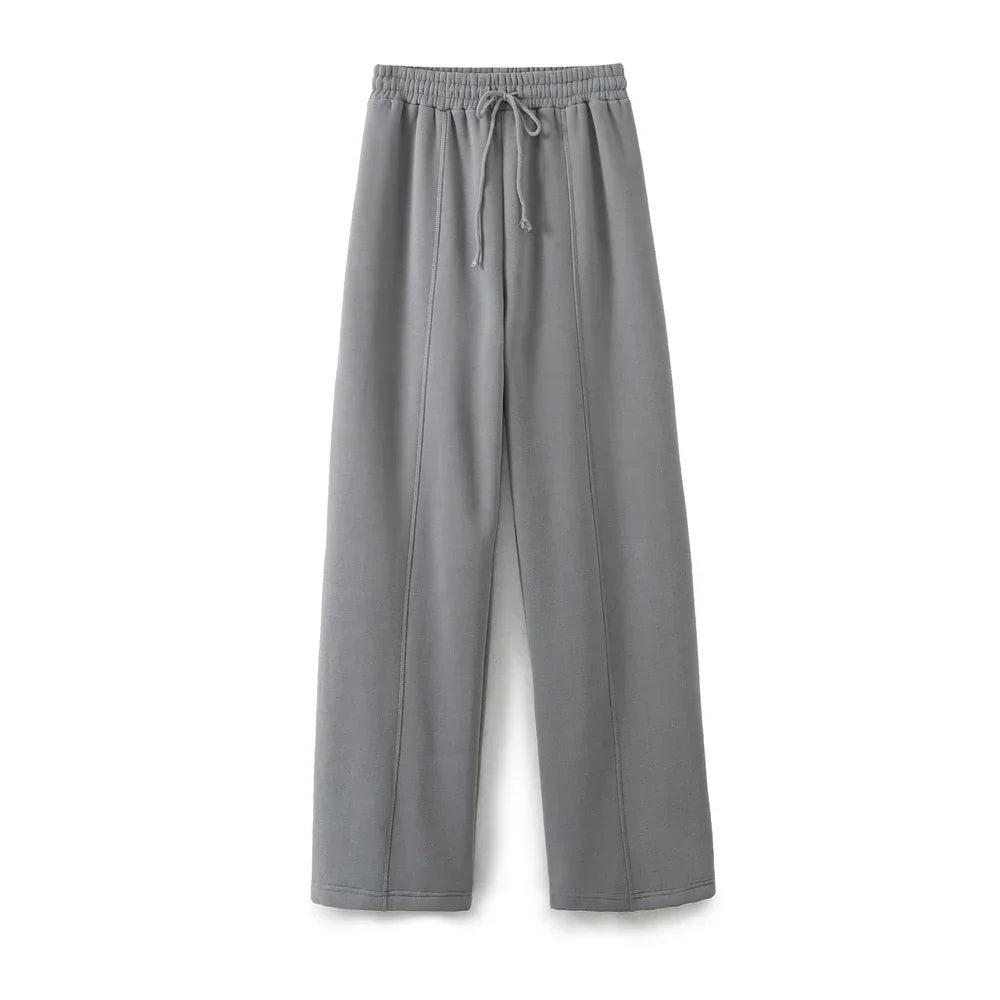 TRAF 2024 Spring Female Casual Hoodies Zipper Coats+Elastic Waist Baggy Pants 2 Pieces Set Elegant Loose Solid Pink Grey Pants - Evallys.com