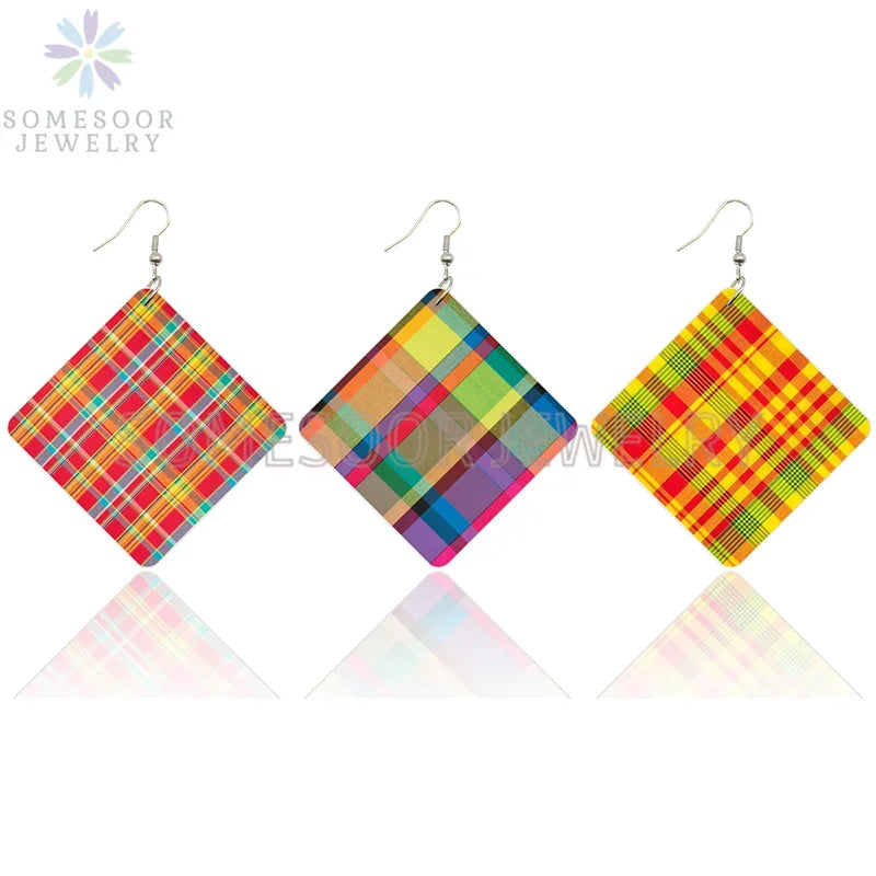 SOMESOOR Madras & Plaid Fabric Design Wooden Drop Earrings Afro Ethnic Headwrap Pattern Print Ear Dangle Jewelry For Women Gifts - Evallys.com