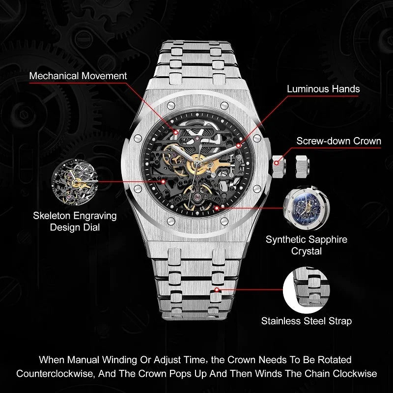 FEICE Automatic Mechanical Luxury Watch Men Stainless Steel Watches Luminous Waterproof Watch for Men Skeleton FM019 - Evallys.com