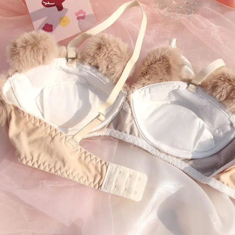 Japanese Girls Winter Soft Ropa Interior Cute Lingerie for Women Cartoon Bear Students Plush Sexy Bras Wireless Thin Bra Set - Evallys.com