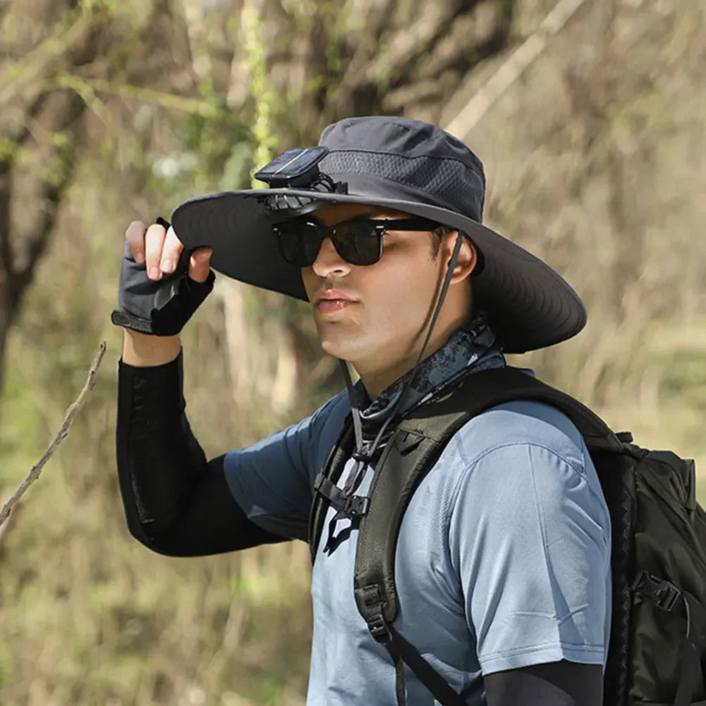 Solar Powered UV Protection Hat – Fan Cooling Wide Brim Cap - Evallys.com