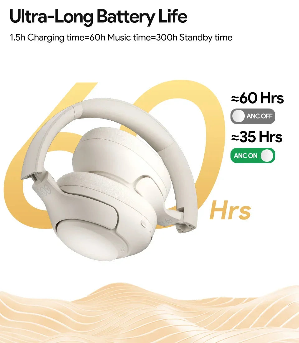 QCY H3 ANC Wireless Headphones Bluetooth 5.4 Hi-Res Audio Over Ear Headset 43dB Hybrid Active Noise Cancellation Earphones 60H - Evallys.com