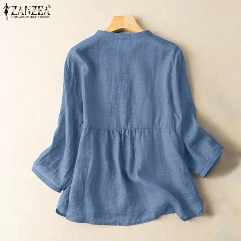 ZANZEA 2025 Spring Summer Blouses Casual Women Shirts Solid Color 3/4 Sleeve Buttons Cotton Linen Blusas Solid Top Casual Tunic - Evallys.com