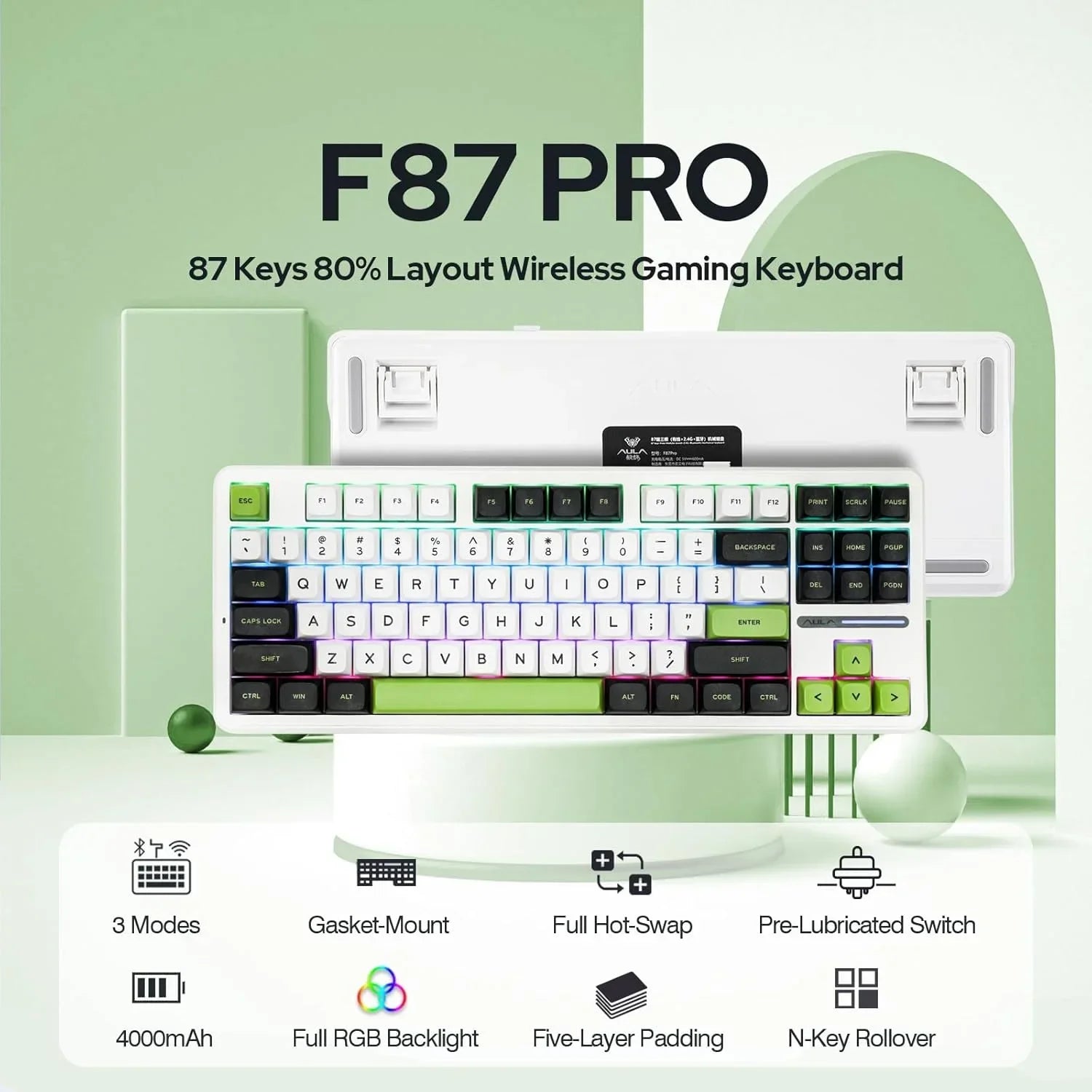 AULA F87 Pro Mechanical Keyboard 3 Mode 2.4G/USB/Bluetooth Tri Mode Wireless Gaming Keyboard 87 Key Hotswap RGB Gasket Keyboard - Evallys.com