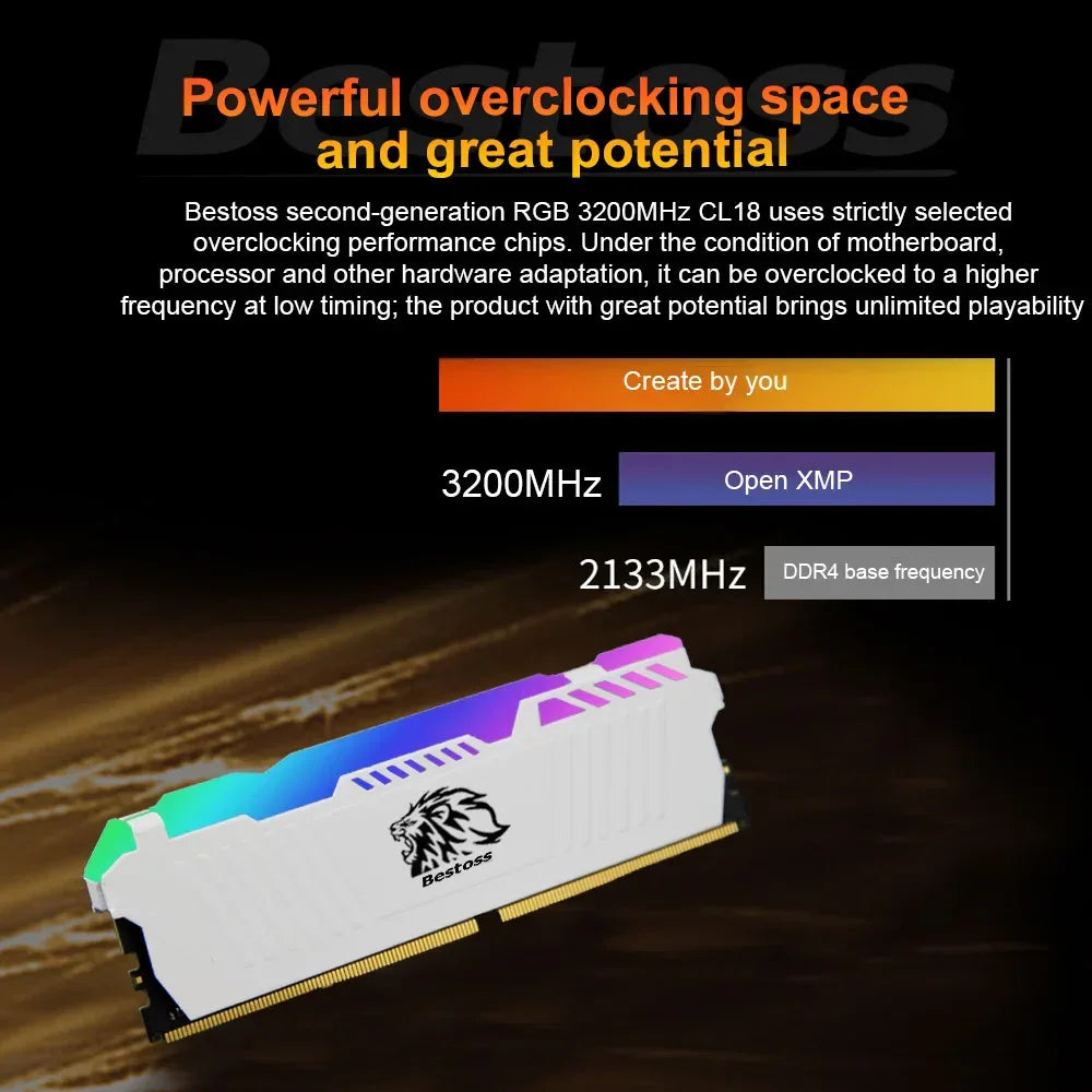Bestoss Memoria RAM DDR4 RGB 8GB 16B 32GB 3200MHz DIMM RAM Desktop Memory Gaming High Performance - Evallys.com