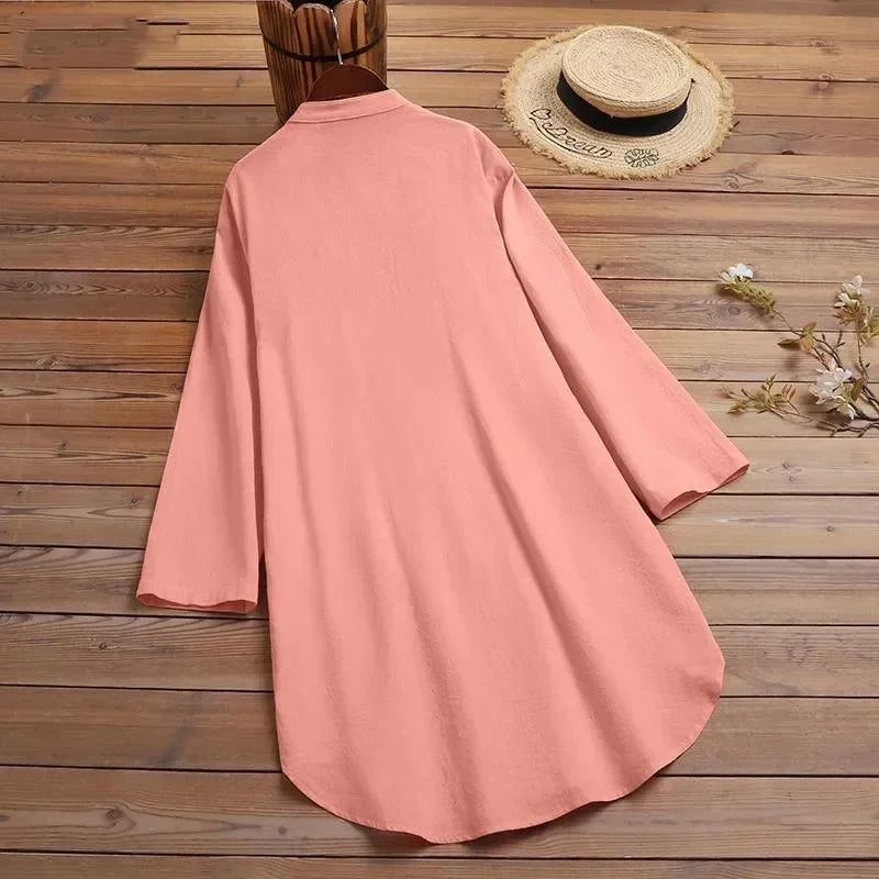Elegant Cotton Linen Women’s Mid-Length Shirt – Casual Commuter Style - Evallys.com