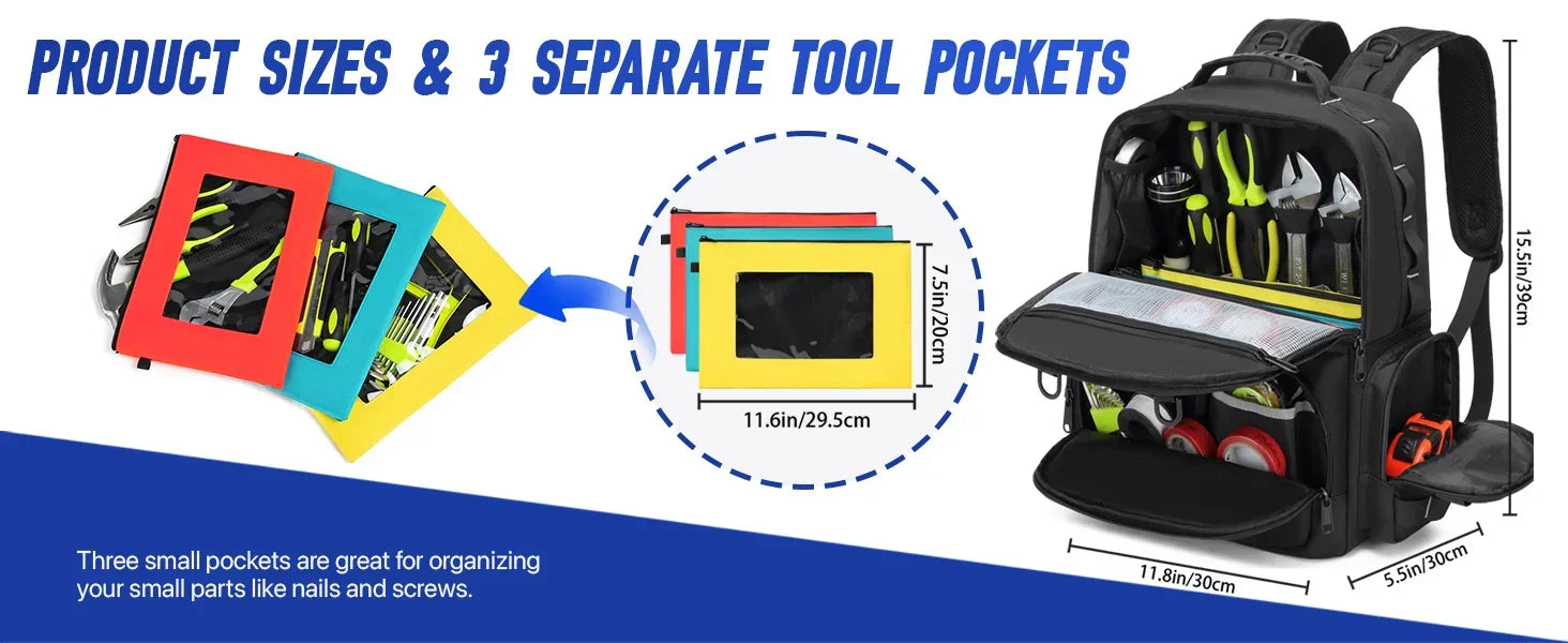 Tool Backpack Heavy Duty for Men Tool Storage With 3 Tool Pouches Organizer Electrician Plumber Maintenance Worker Tool Bags - Evallys.com