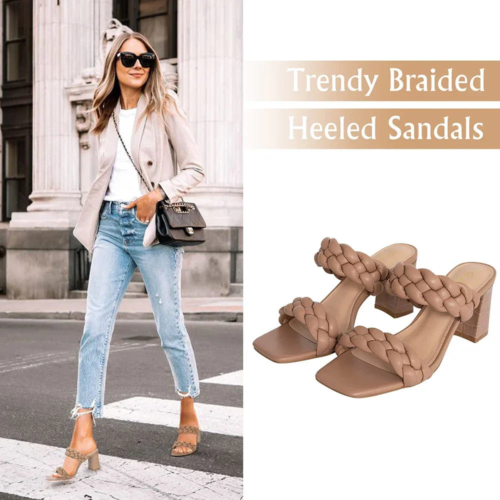 Elegant Women's Braided Heels Sandalias Fashion Strappy Square Sandals Open Toe Backless Mules Slip On Block Heeled Shoes - Evallys.com