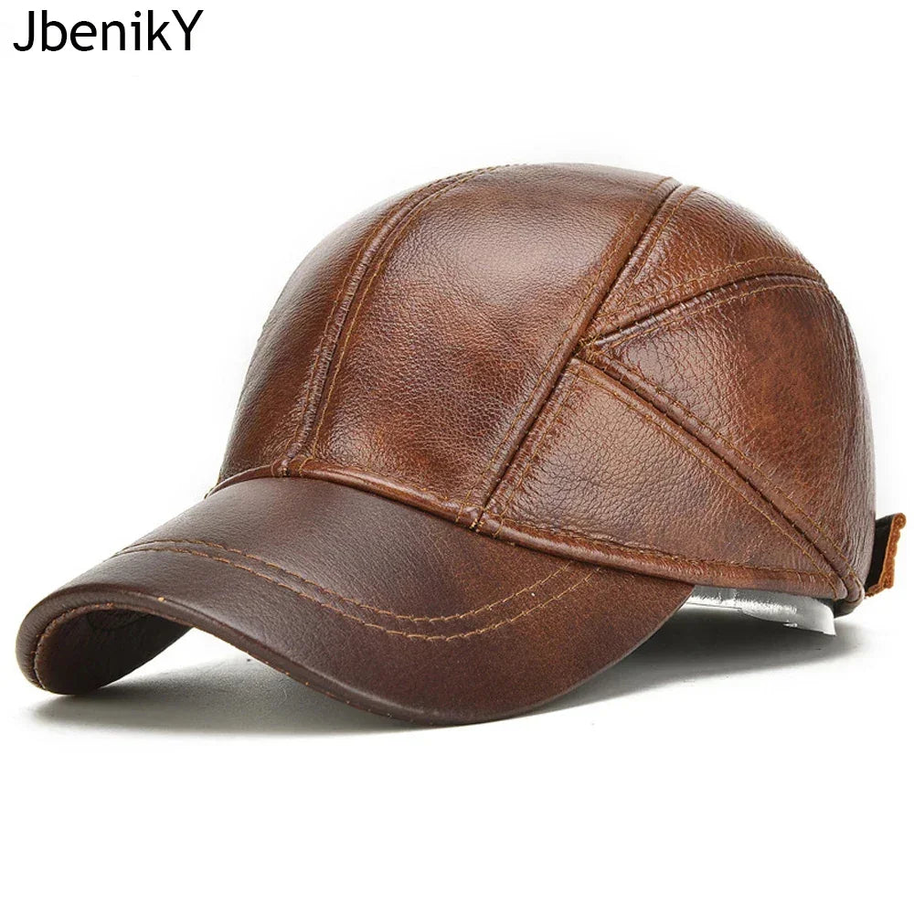 Men’s Real Leather Earflap Baseball Cap – Winter Cowhide Hat - Evallys.com