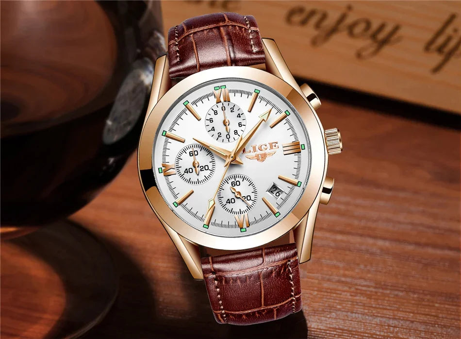 LIGE Men Watch Top Brand Luxury Waterproof Luminous Sport Wristwatch Quartz Military Genuine Leather Relogios Masculino+Box - Evallys.com