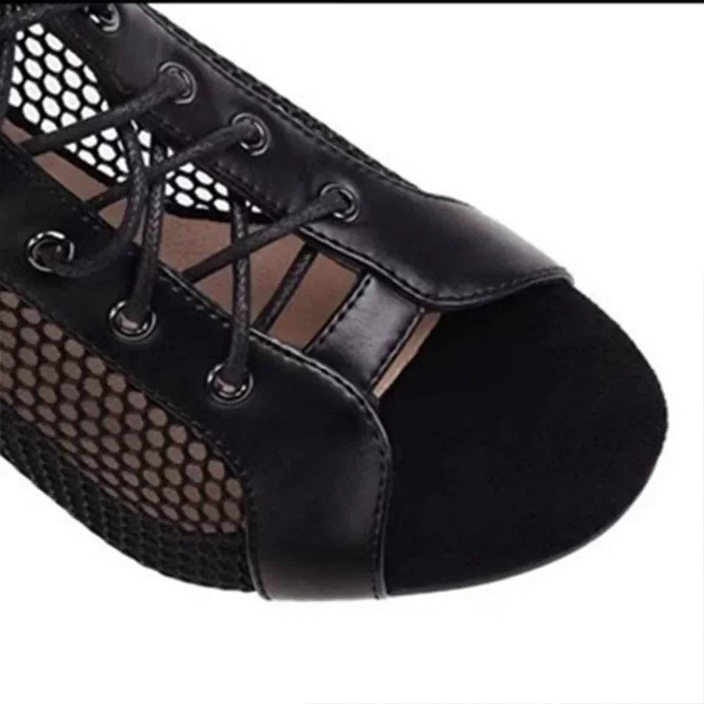 Women Mesh Sandals Breathable High Top Sandals Peep Toe Dance Shoes High Heel Summer Booties for Ballroom - Evallys.com