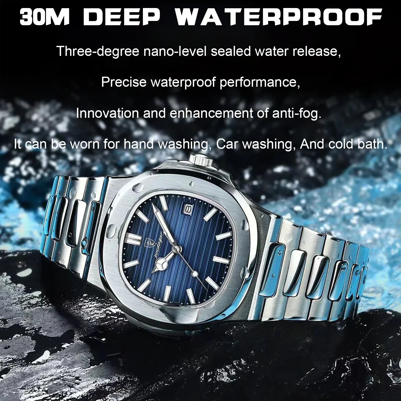 POEDAGAR Luxury Casual Watch Top Brand Fashion Square Dial Stainless Steel Calendar Luminous Waterproof Men Watch Male Clock+Box - Evallys.com