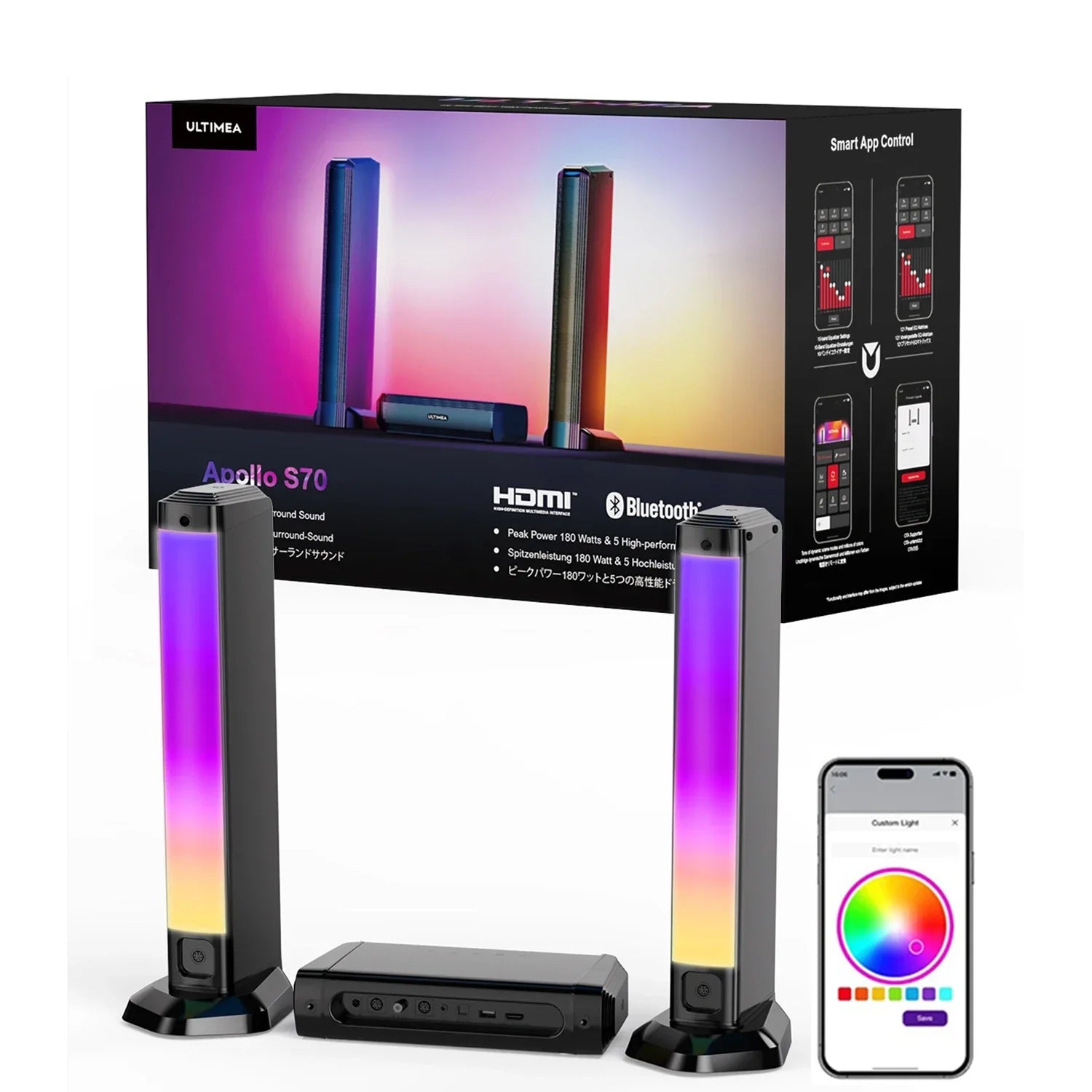 ULTIMEA 180W 5.0 Sound Bar for tv, PC SoundBar with RGB for Home Theater, Detachable Soundbar with App Control, HDMI-ARC/Opt/AUX - Evallys.com