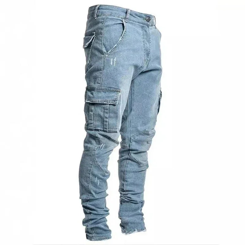Men Street Elastic Denim Jeans Wash Solid Color Multi Pockets Cargo Pants Casual Slim Fit Daily Wear Joggers Mid Waist Trousers - Evallys.com