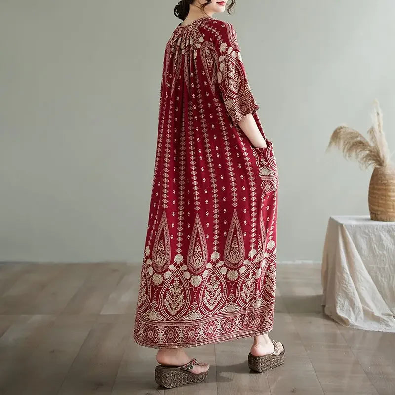 Summer Ethnic Print Dress with Pockets – Loose Mid-Calf Casual Wear - Evallys.com