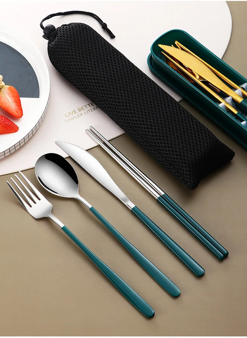Portable Cutlery Set for Camping & Travel 4pcs Stainless Steel Knife, Fork, Spoon Kit with Storage Box