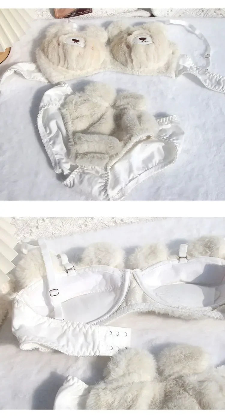 Japanese Girls Winter Soft Ropa Interior Cute Lingerie for Women Cartoon Bear Students Plush Sexy Bras Wireless Thin Bra Set - Evallys.com