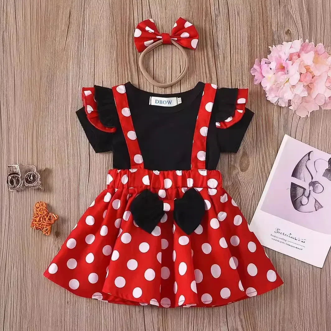 Minnie Mouse Girl Suit Children's Dress Baby Clothes Set Summer Birthday Costume Polka Dot Sundress Bow Headband Skirt Set - Evallys.com
