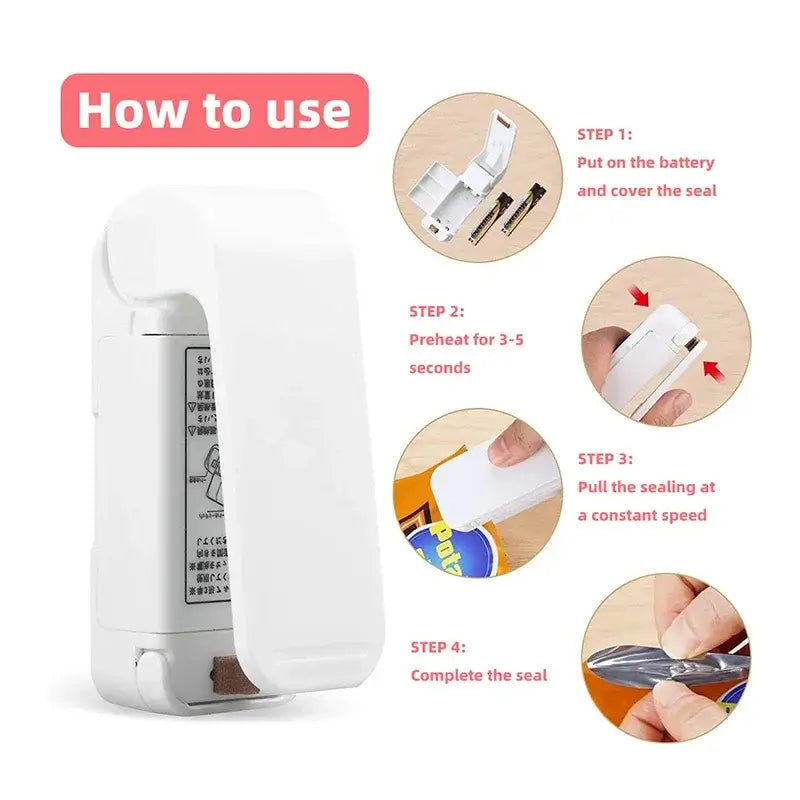 How to use the Machine Package Sealer: steps 1-4 for effective sealing with a portable heat bag sealing machine.