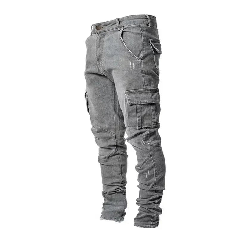 Men Street Elastic Denim Jeans Wash Solid Color Multi Pockets Cargo Pants Casual Slim Fit Daily Wear Joggers Mid Waist Trousers - Evallys.com