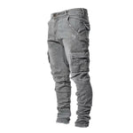 Men Street Elastic Denim Jeans Wash Solid Color Multi Pockets Cargo Pants Casual Slim Fit Daily Wear Joggers Mid Waist Trousers - Evallys.com