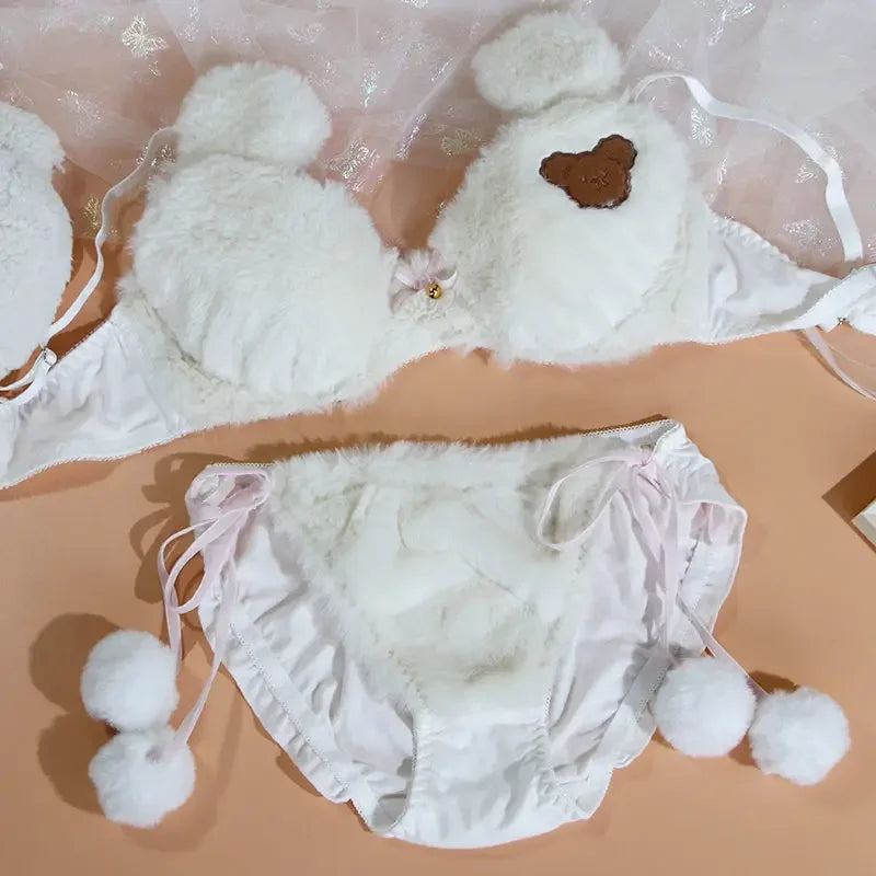 Japanese Girls Winter Soft Ropa Interior Cute Lingerie for Women Cartoon Bear Students Plush Sexy Bras Wireless Thin Bra Set - Evallys.com