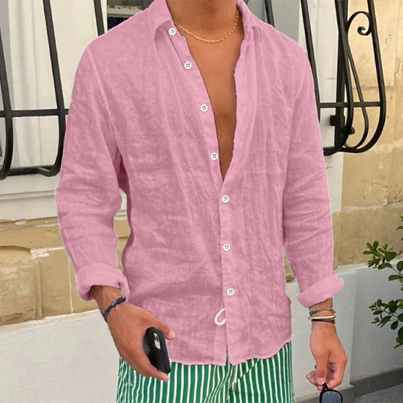 Spring New Casual Linen Shirts Mens Long Sleeve Button-up Turn-down Collar Shirt Seaside Beach Vintage Men Solid Color Cardigans - Evallys.com