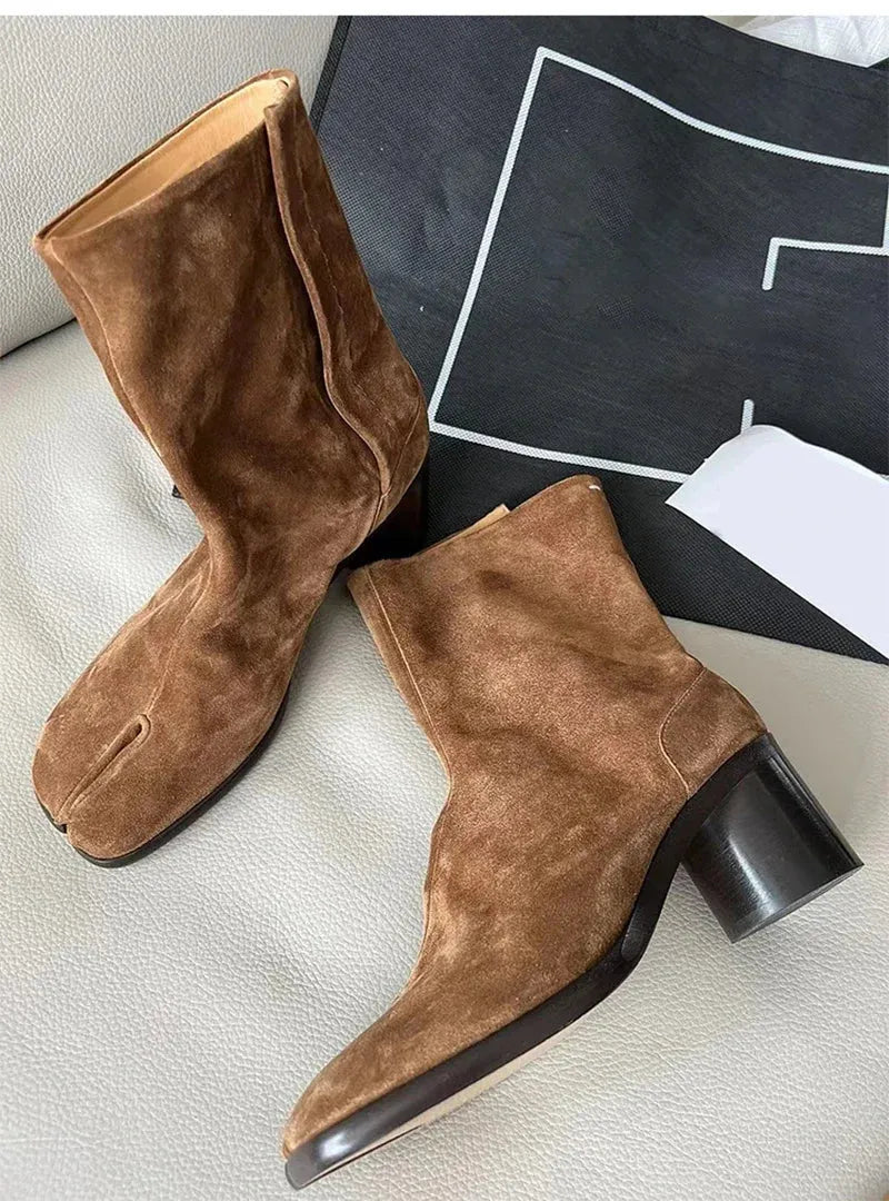 2024 Autumn Winter Soft Leather Split toe Tabi Women Ankle Boots Fashion Thick High heels Chunky Shoes Ins Style Short Booties - Evallys.com