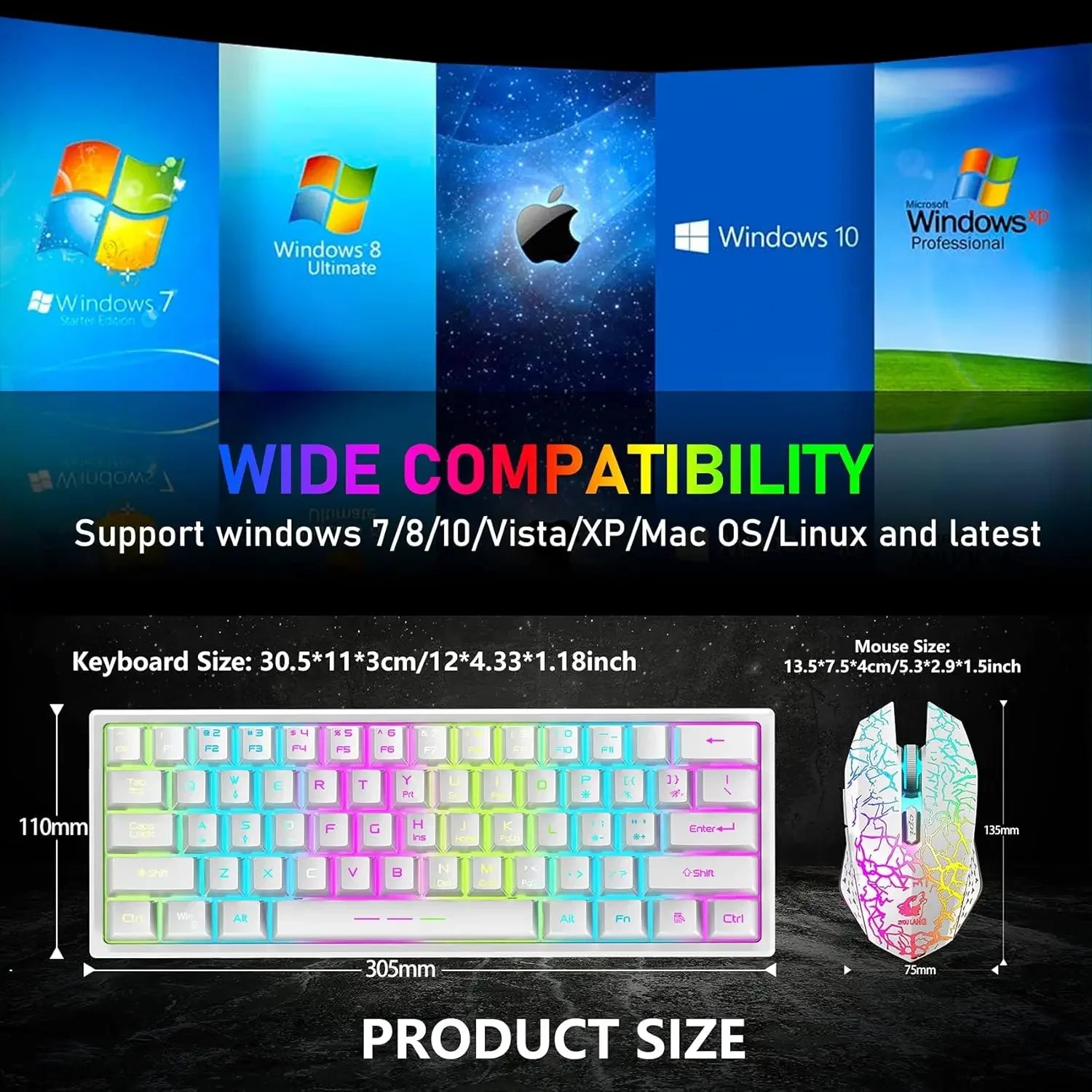 T61 Wireless Gaming Keyboard and Mouse Combo, Ergonomic 61 Key Rainbow LED Backlight Rechargeable 4000mAh Battery Mouse Pad - Evallys.com