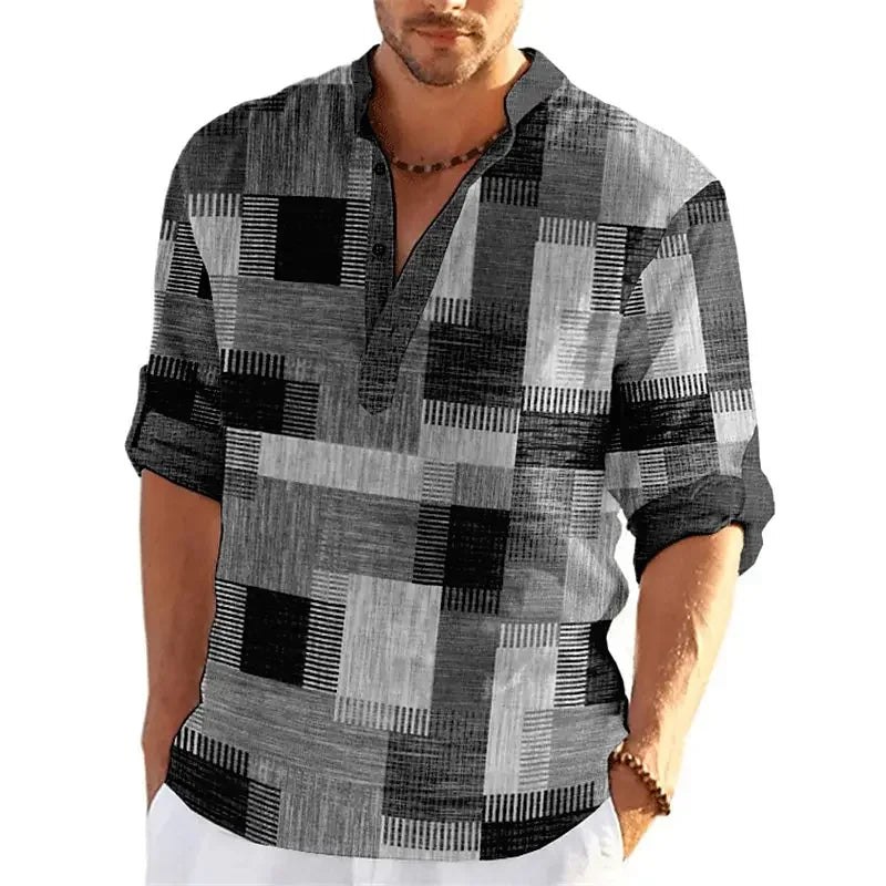 Patchwork 3D Print Color Block Henley Shirts Men's Fashion Vintage Stand Collar Long Sleeve Shirt Male Tops Blouse Man Clothing - Evallys.com