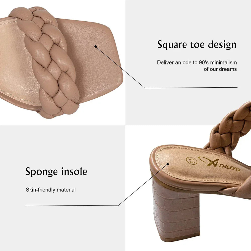 Elegant Women's Braided Heels Sandalias Fashion Strappy Square Sandals Open Toe Backless Mules Slip On Block Heeled Shoes - Evallys.com