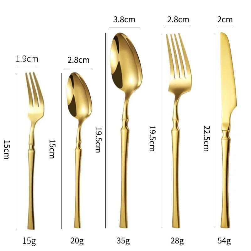 stainless steel dinnerware set featuring a variety of gold cutlery including knife, fork, and spoon sizes