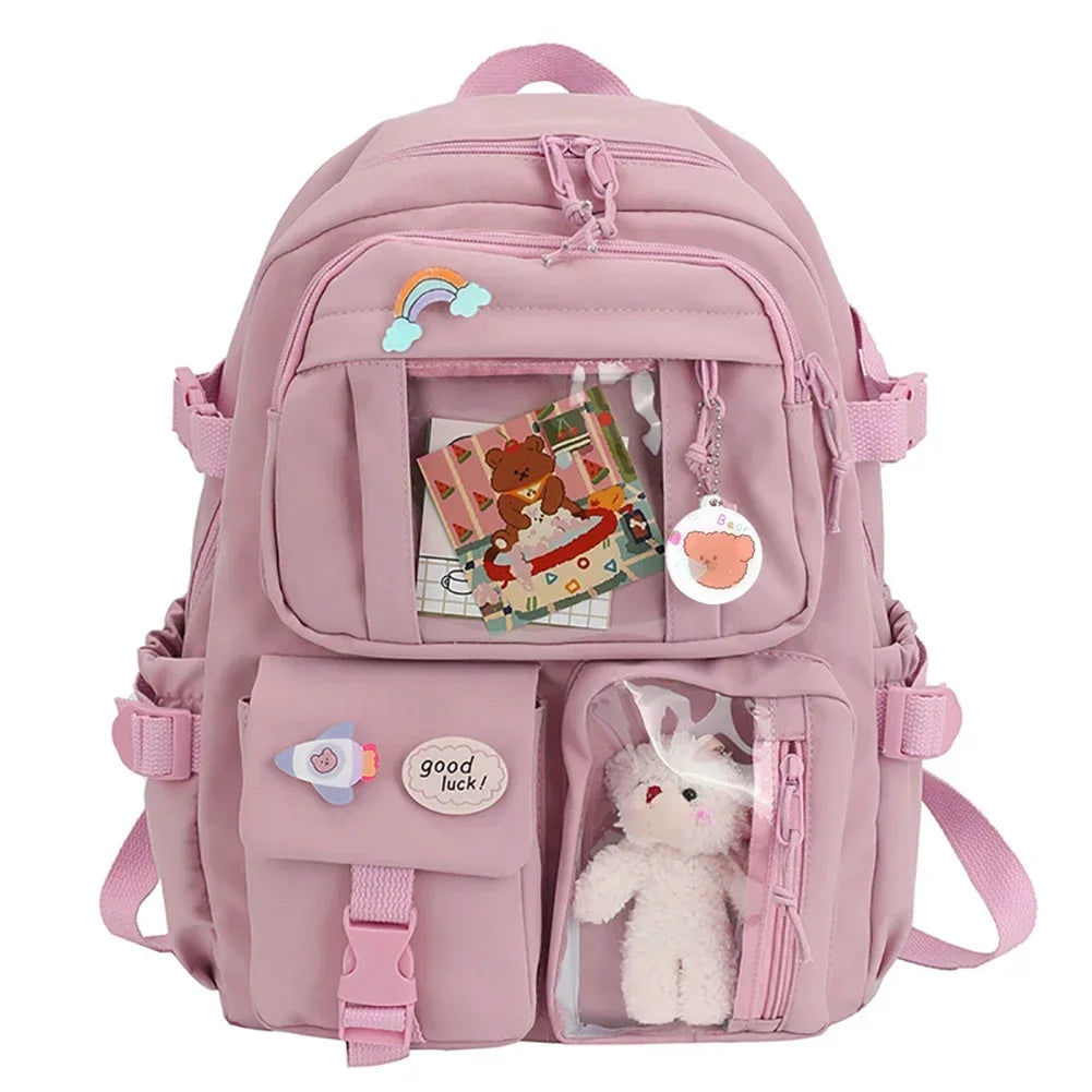 Student Schoolbag Nylon College Student Rucksack with Plush Pendant Pin Cute Kawaii Large Capacity Japanese Style for Teen Girls - Evallys.com