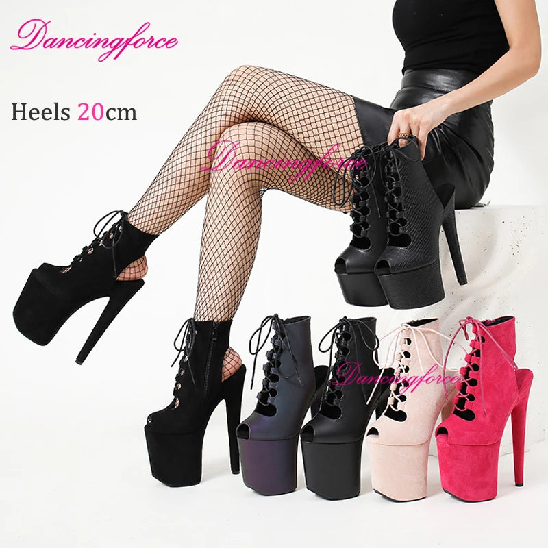20cm/8Inches Sexy Pole Dance Shoes Women Catwalk Nightclub Strip Gladiator Sandals Lace-up Lady Suede Matte Short Booties