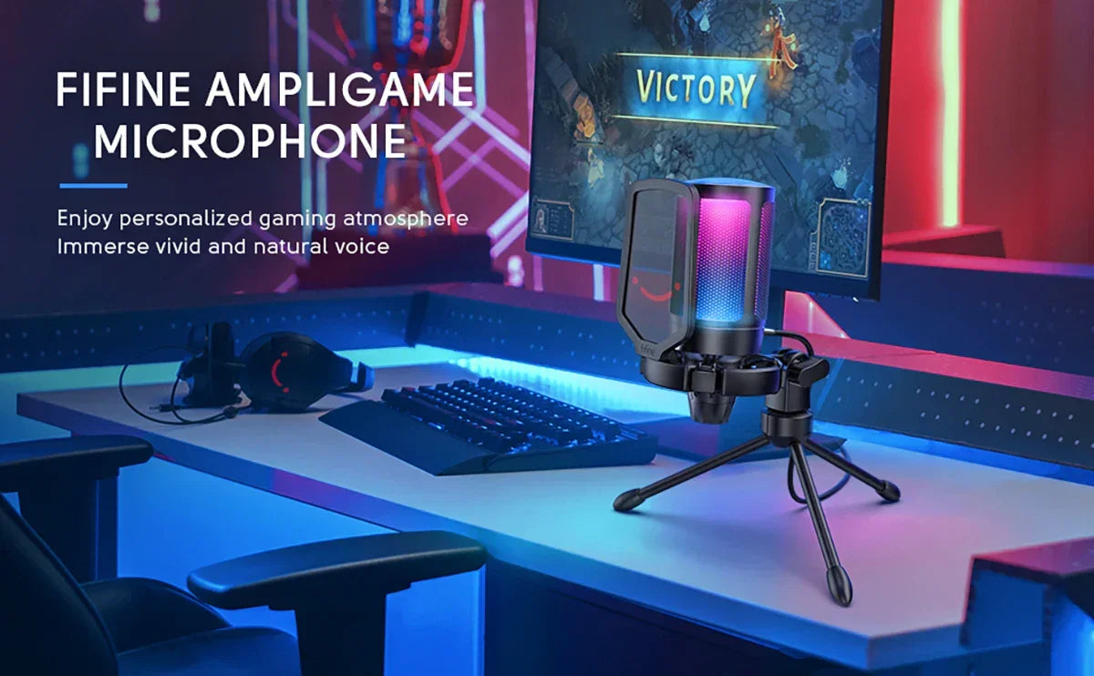 FIFINE Ampligame USB Microphone for Gaming Streaming with Pop Filter Shock Mount&Gain Control,Condenser Mic for PC/MAC - Evallys.com