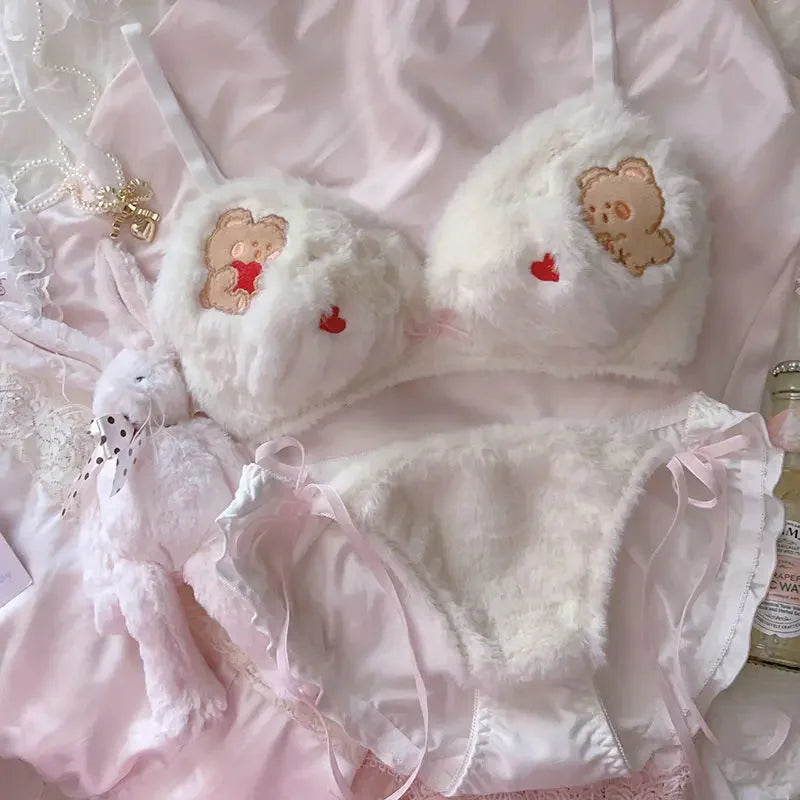 Japanese Girls Winter Soft Ropa Interior Cute Lingerie for Women Cartoon Bear Students Plush Sexy Bras Wireless Thin Bra Set - Evallys.com