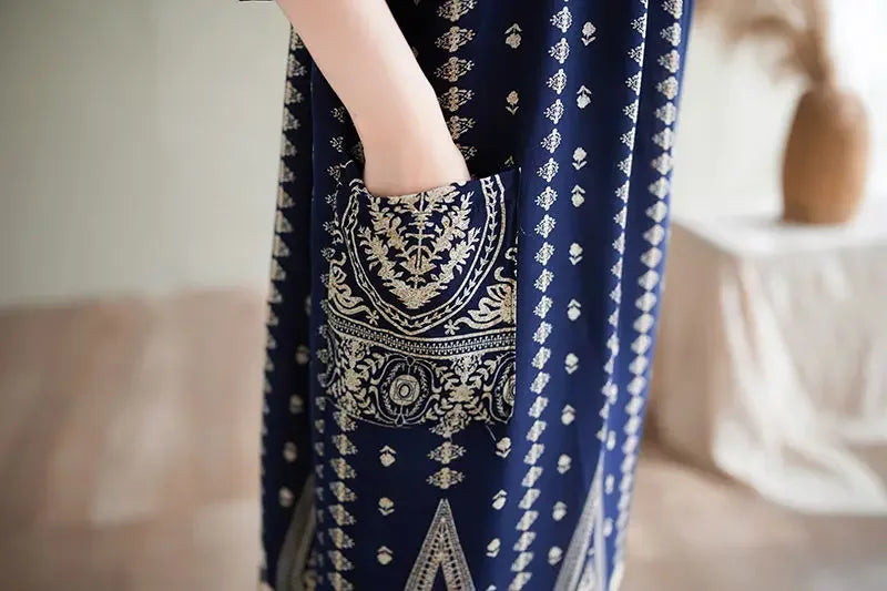 Summer Ethnic Print Dress with Pockets – Loose Mid-Calf Casual Wear - Evallys.com