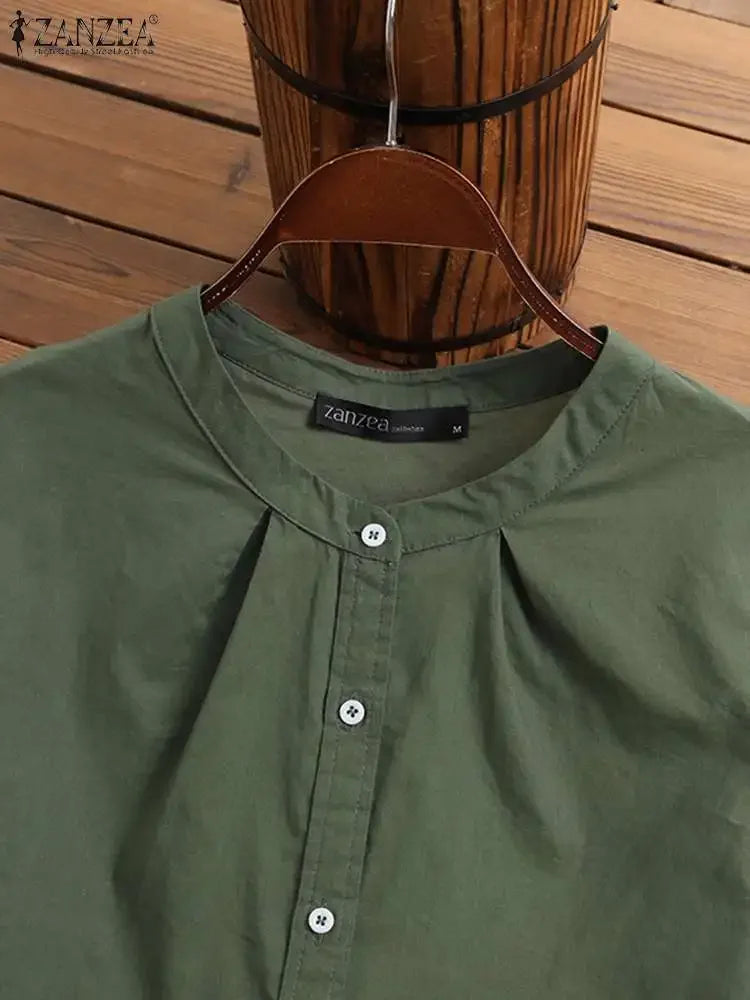 ZANZEA 2025 Spring Summer Blouses Casual Women Shirts Solid Color 3/4 Sleeve Buttons Cotton Linen Blusas Solid Top Casual Tunic - Evallys.com