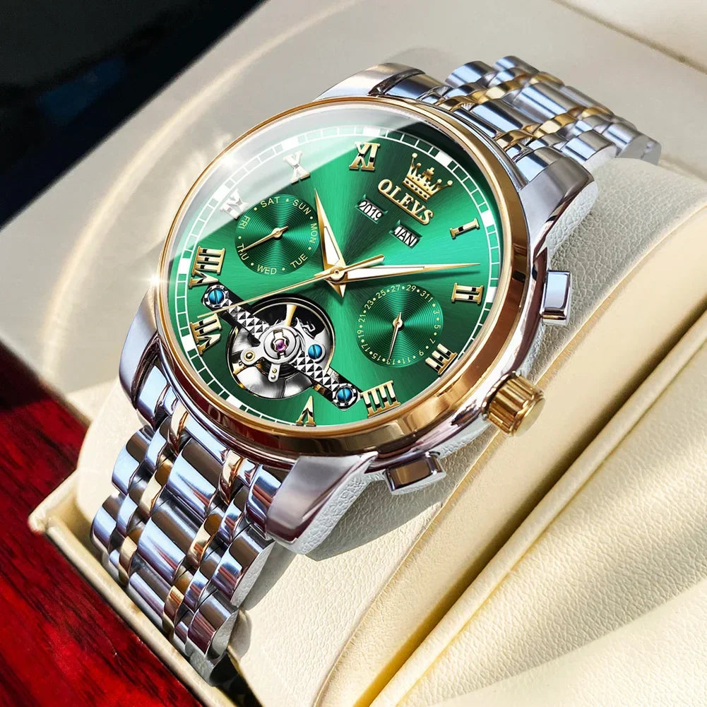 OLEVS Men's Watches Automatic Mechanical Business Wristwatch Waterproof Stainless Steel Strap Watch for Man Skeleton Calendar - Evallys.com