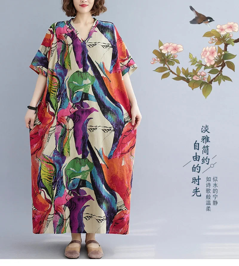 Vintage Floral Cotton Linen Maxi Dress – Oversized Boho Summer Wear - Evallys.com