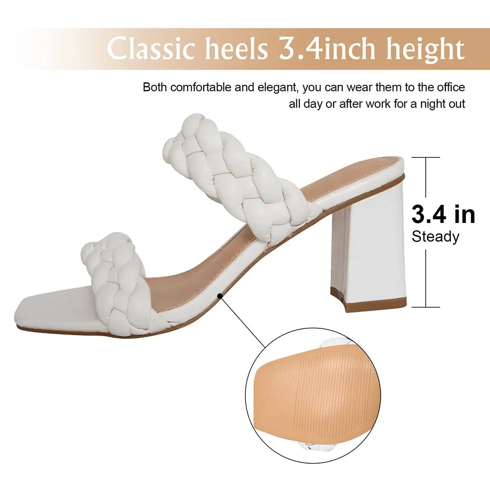 Elegant Women's Braided Heels Sandalias Fashion Strappy Square Sandals Open Toe Backless Mules Slip On Block Heeled Shoes - Evallys.com