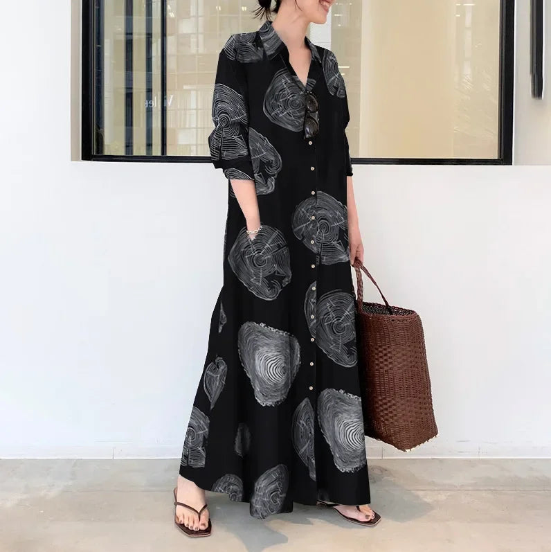 Vintage Cotton Linen Shirt Dress Women’s Autumn Long Maxi Robe - Evallys.com
