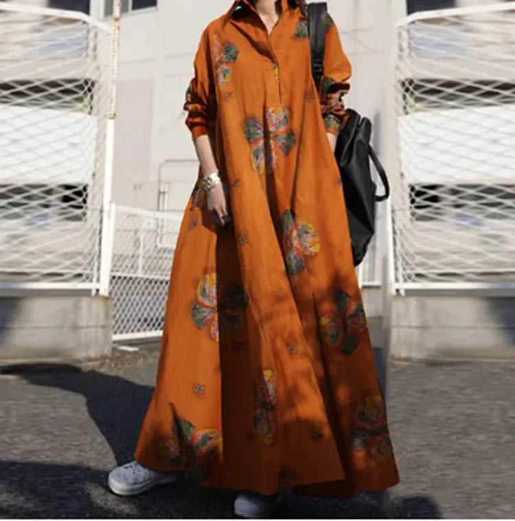Vintage Cotton Linen Shirt Dress Women’s Autumn Long Maxi Robe - Evallys.com